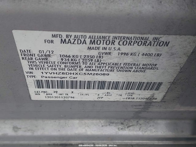 Продаж на аукціоні авто 2012 Mazda Mazda6 I Touring, vin: 1YVHZ8DHXC5M26089, номер лоту: 45054250