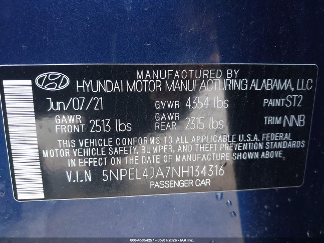 Aukcja sprzedaży 2022 Hyundai Sonata Sel, vin: 5NPEL4JA7NH134316, numer aukcji: 45054257