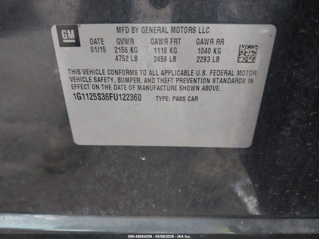 45054259 :رقم المزاد ، 1G1125S36FU122360 vin ، 2015 Chevrolet Impala 2lt مزاد بيع