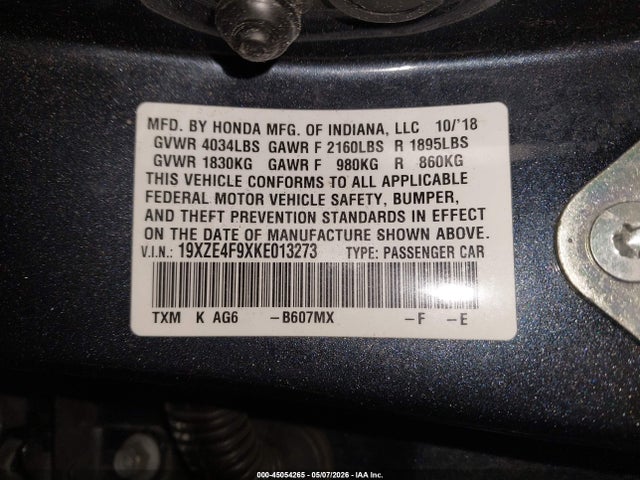 45054265 :رقم المزاد ، 19XZE4F9XKE013273 vin ، 2019 Honda Insight Touring مزاد بيع