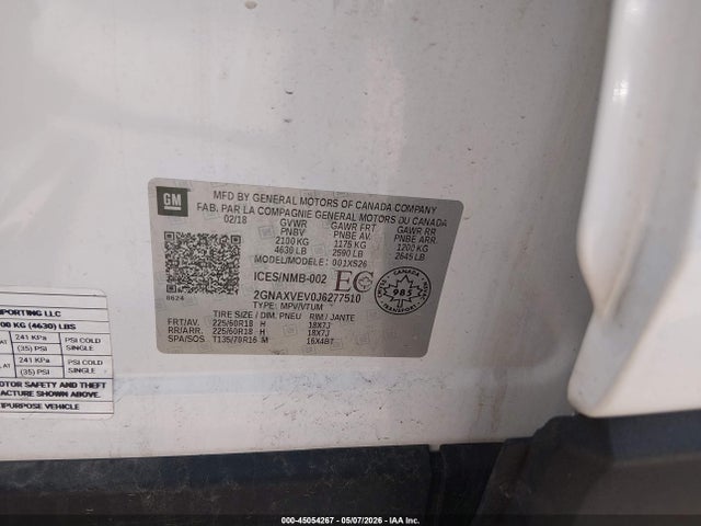 Продажа на аукционе авто 2018 Chevrolet Equinox Premier, vin: 2GNAXVEV0J6277510, номер лота: 45054267