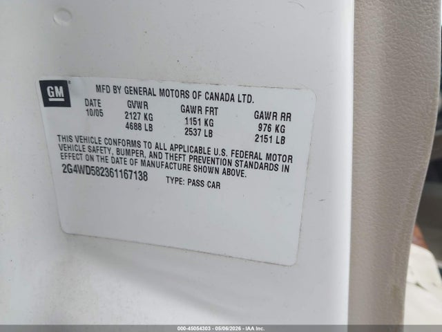 Продажа на аукционе авто 2006 Buick Lacrosse Cxl, vin: 2G4WD582361167138, номер лота: 45054303