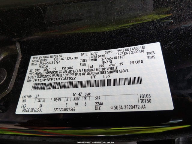 Aukcja sprzedaży 2017 Ford F-150 Xlt, vin: 1FTEW1EP1HFC58522, numer aukcji: 45054317
