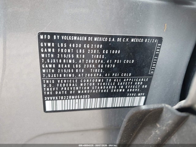 Aukcja sprzedaży 2024 Volkswagen Taos 1.5t Se, vin: 3VVVX7B22RM059393, numer aukcji: 45054325