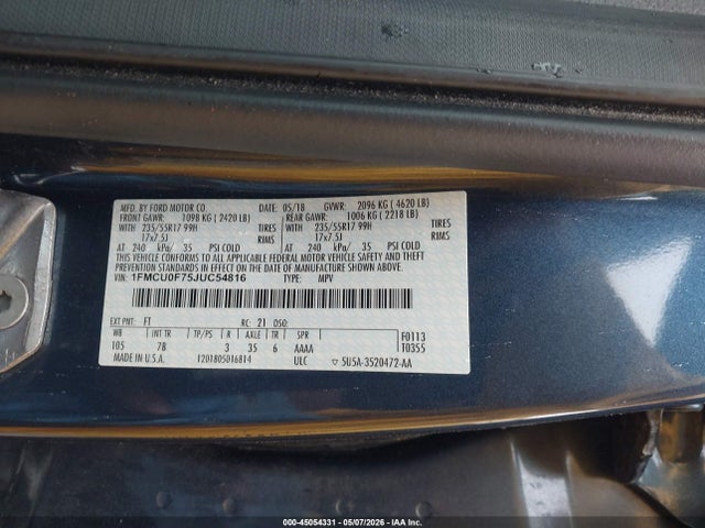 Aukcja sprzedaży 2018 Ford Escape S, vin: 1FMCU0F75JUC54816, numer aukcji: 45054331