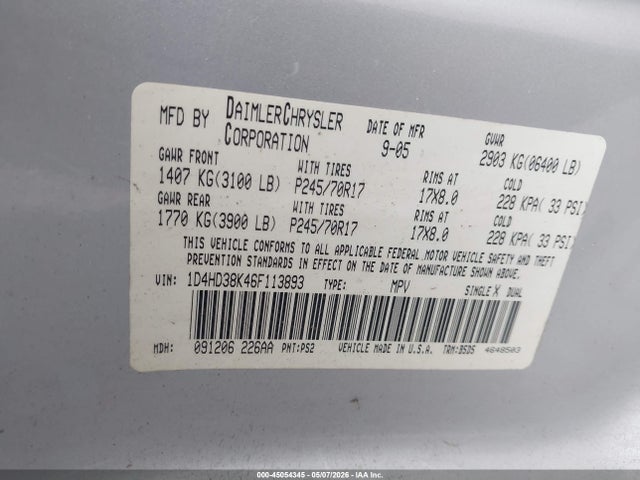 Aukcja sprzedaży 2006 Dodge Durango Sxt, vin: 1D4HD38K46F113893, numer aukcji: 45054345