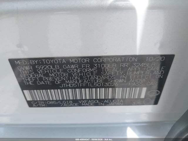 45054347 :رقم المزاد ، JTHD51FF1L5013026 vin ، 2020 Lexus Ls 500 مزاد بيع