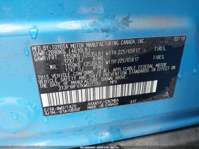 2019 Toyota Rav4 Xle მანქანა იყიდება აუქციონზე, vin: 2T3P1RFV7KW027293, აუქციონის ნომერი: 45054365