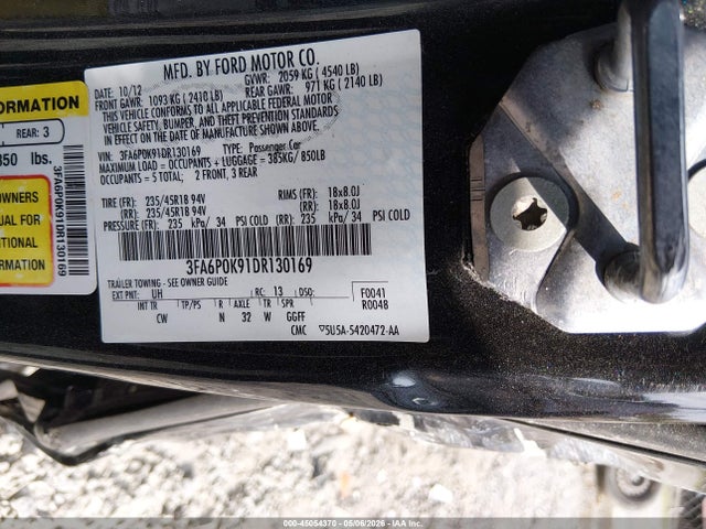 Продаж на аукціоні авто 2013 Ford Fusion Titanium, vin: 3FA6P0K91DR130169, номер лоту: 45054370