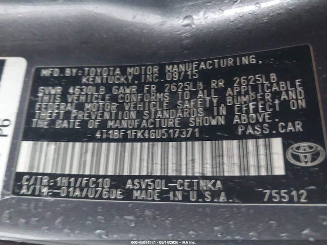 Toyota CAMRY LE 2016 4T1BF1FK4GU517371 Image 9