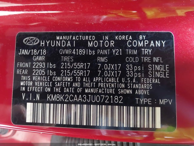 45054383 :رقم المزاد ، KM8K2CAA3JU072182 vin ، 2018 Hyundai Kona Sel مزاد بيع