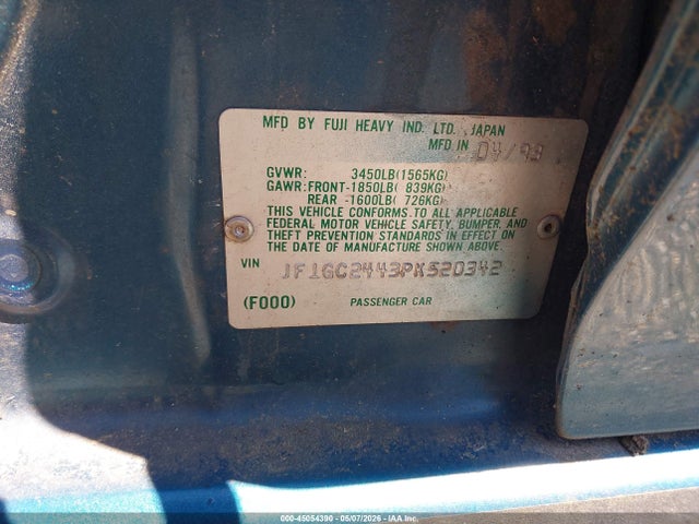 Продаж на аукціоні авто 1993 Subaru Impreza L Plus, vin: JF1GC2443PK520342, номер лоту: 45054390