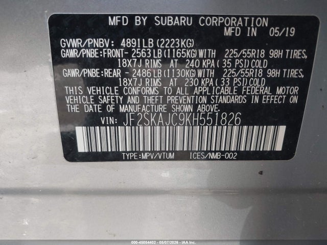 45054402 :رقم المزاد ، JF2SKAJC9KH551826 vin ، 2019 Subaru Forester Sport مزاد بيع