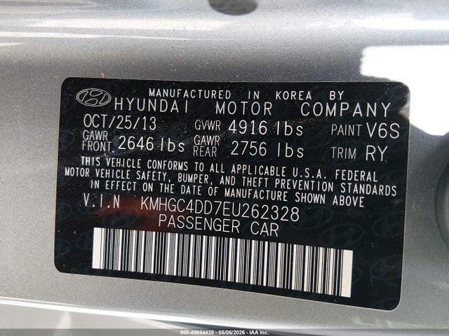 2014 Hyundai Genesis 3.8 მანქანა იყიდება აუქციონზე, vin: KMHGC4DD7EU262328, აუქციონის ნომერი: 45054430