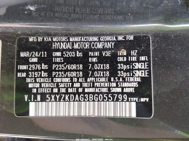 45054437 :رقم المزاد ، 5XYZKDAG3BG055799 vin ، 2011 Hyundai Santa Fe Limited V6 مزاد بيع