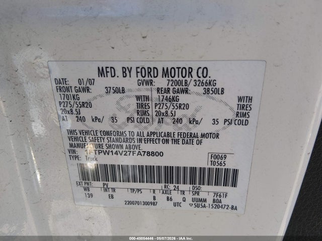 Aukcja sprzedaży 2007 Ford F-150 Fx4/lariat/xlt, vin: 1FTPW14V27FA78800, numer aukcji: 45054446