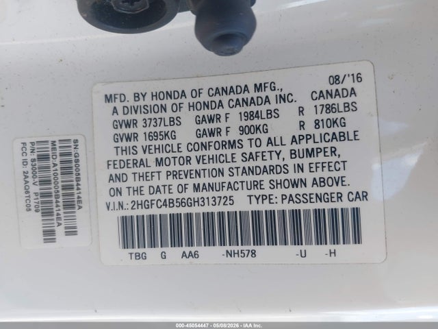 2016 Honda Civic Lx მანქანა იყიდება აუქციონზე, vin: 2HGFC4B56GH313725, აუქციონის ნომერი: 45054447
