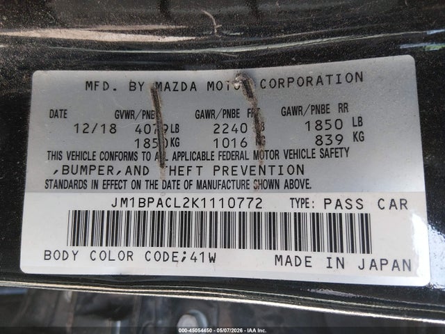 Продажа на аукционе авто 2019 Mazda Mazda3 Select Package, vin: JM1BPACL2K1110772, номер лота: 45054450