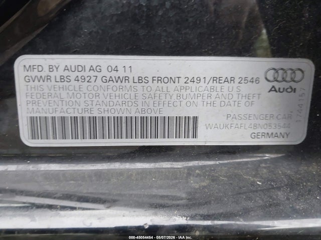 45054454 :رقم المزاد ، WAUKFAFL4BN053544 vin ، 2011 Audi A4 2.0t Premium مزاد بيع