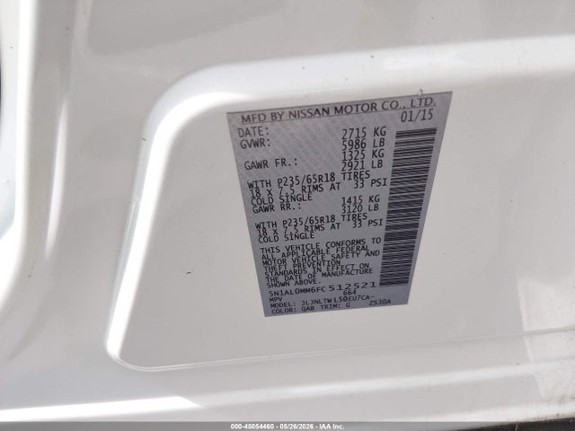 45054460 :رقم المزاد ، 5N1AL0MM6FC512521 vin ، 2015 Infiniti Qx60 مزاد بيع