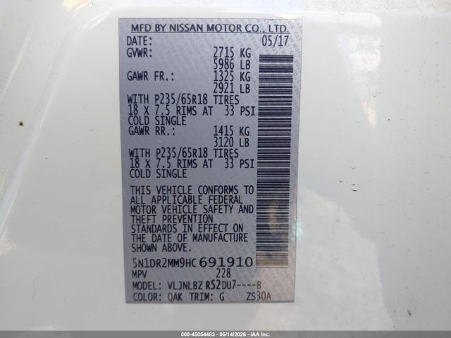 Продажа на аукционе авто 2017 Nissan Pathfinder S, vin: 5N1DR2MM9HC691910, номер лота: 45054483