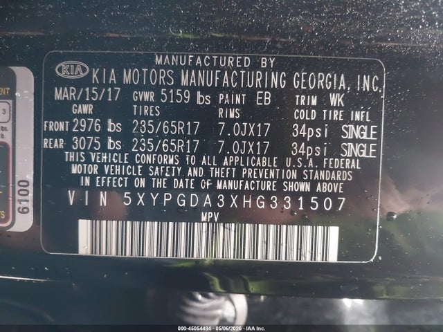 Aukcja sprzedaży 2017 Kia Sorento 2.4l Lx, vin: 5XYPGDA3XHG331507, numer aukcji: 45054484