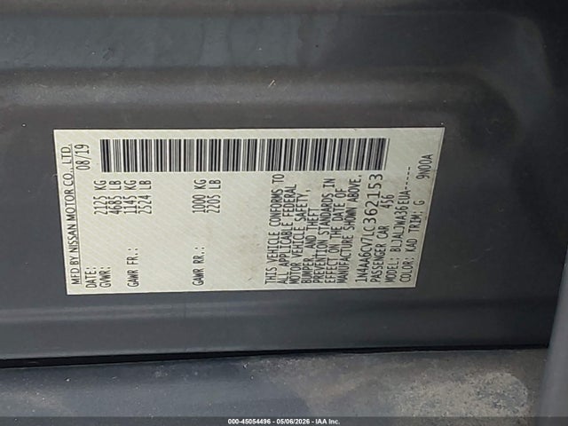 Продажа на аукционе авто 2020 Nissan Maxima Sv Xtronic Cvt, vin: 1N4AA6CV7LC362153, номер лота: 45054496