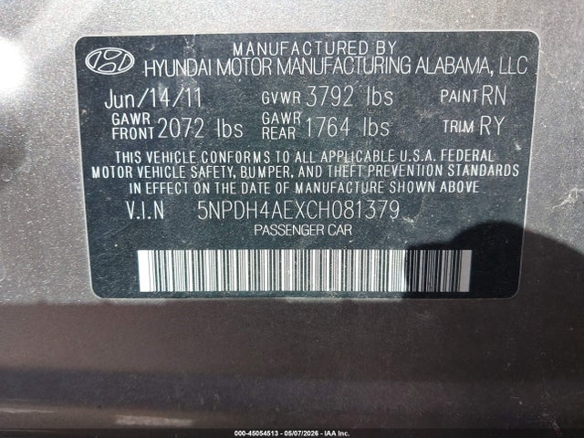 Продаж на аукціоні авто 2012 Hyundai Elantra Limited, vin: 5NPDH4AEXCH081379, номер лоту: 45054513