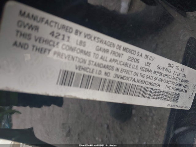 2011 Volkswagen Jetta 2.5l Se მანქანა იყიდება აუქციონზე, vin: 3VWDX7AJ6BM388068, აუქციონის ნომერი: 45054519