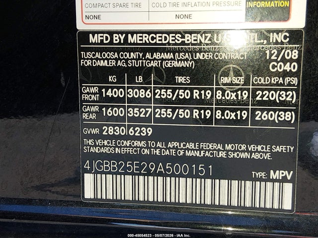 Продажа на аукционе авто 2009 Mercedes-benz Ml 320 Bluetec 4matic, vin: 4JGBB25E29A500151, номер лота: 45054523