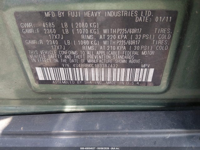45054527 :رقم المزاد ، 4S4BRBKC1B3387432 vin ، 2011 Subaru Outback 2.5i Limited مزاد بيع