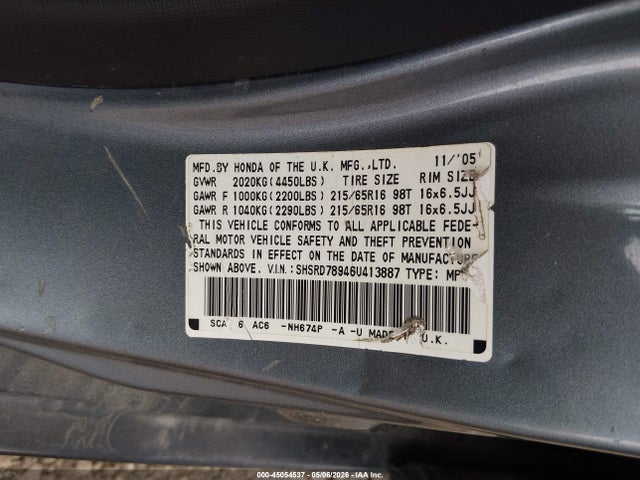 45054537 :رقم المزاد ، SHSRD78946U413887 vin ، 2006 Honda Cr-v Se مزاد بيع