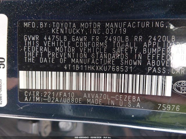 Aukcja sprzedaży 2019 Toyota Camry L, vin: 4T1B11HKXKU768531, numer aukcji: 45054543