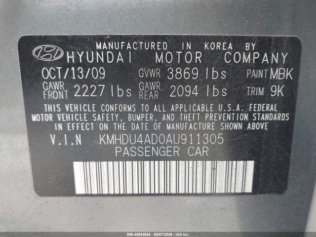 Aukcja sprzedaży 2010 Hyundai Elantra Gls, vin: KMHDU4AD0AU911305, numer aukcji: 45054584
