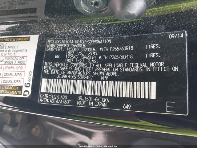 45054587 :رقم المزاد ، JTJBM7FX5F5092452 vin ، 2015 Lexus Gx 460 مزاد بيع