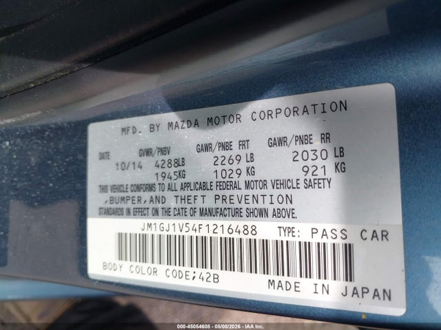 Aukcja sprzedaży 2015 Mazda Mazda6 I Touring, vin: JM1GJ1V54F1216488, numer aukcji: 45054608