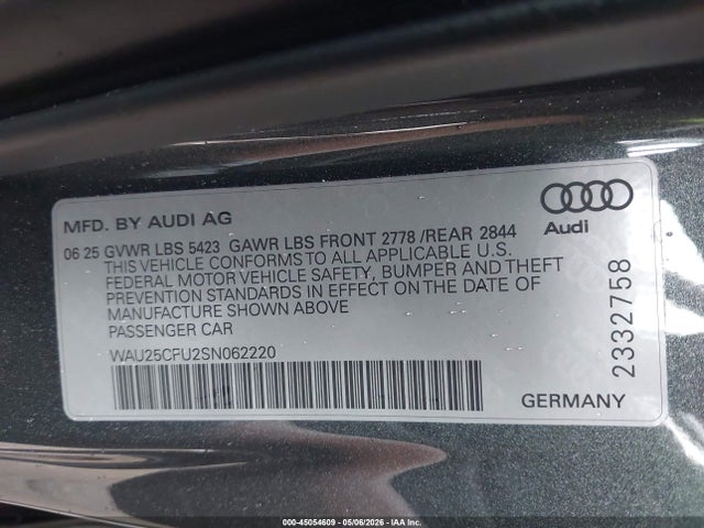 Aukcja sprzedaży 2025 Audi All-new S5 Premium Plus Tfsi Quattro S Tronic, vin: WAU25CFU2SN062220, numer aukcji: 45054609