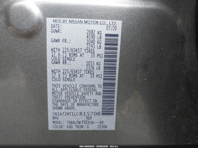 Продаж на аукціоні авто 2020 Nissan Rogue S Fwd, vin: 5N1AT2MT1LC815706, номер лоту: 45054620