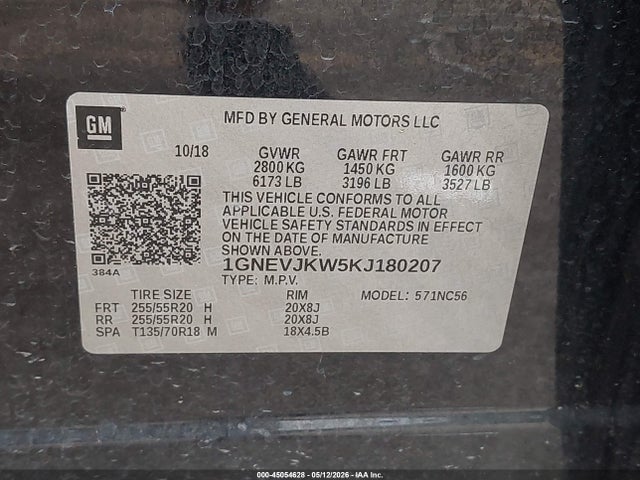 45054628 :رقم المزاد ، 1GNEVJKW5KJ180207 vin ، 2019 Chevrolet Traverse Rs مزاد بيع