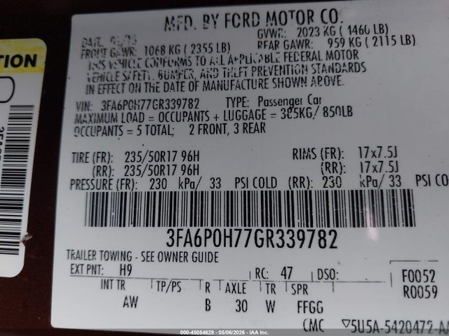 45054629 :رقم المزاد ، 3FA6P0H77GR339782 vin ، 2016 Ford Fusion Se مزاد بيع