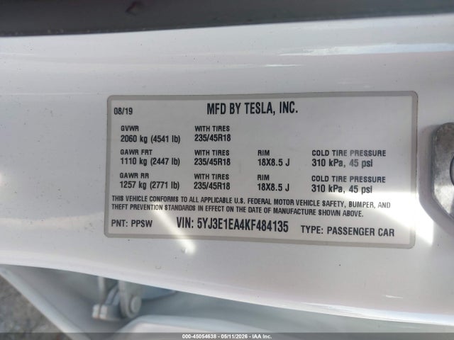 Aukcja sprzedaży 2019 Tesla Model 3 Long Range/mid Range/standard Range/standard Range Plus, vin: 5YJ3E1EA4KF484135, numer aukcji: 45054638