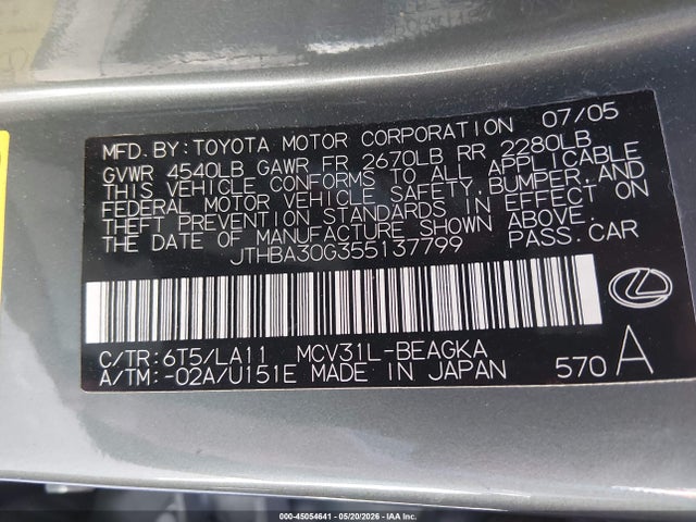 45054641 :رقم المزاد ، JTHBA30G355137799 vin ، 2005 Lexus Es 330 مزاد بيع