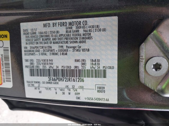 45054645 :رقم المزاد ، 3FA6P0H72JR161206 vin ، 2018 Ford Fusion Se مزاد بيع