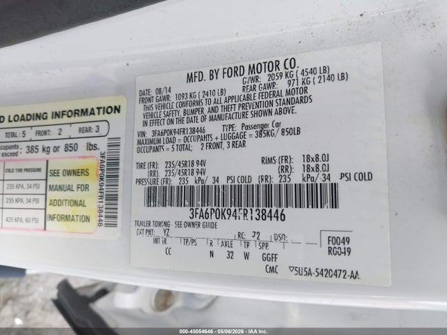 Продажа на аукционе авто 2015 Ford Fusion Titanium, vin: 3FA6P0K94FR138446, номер лота: 45054646