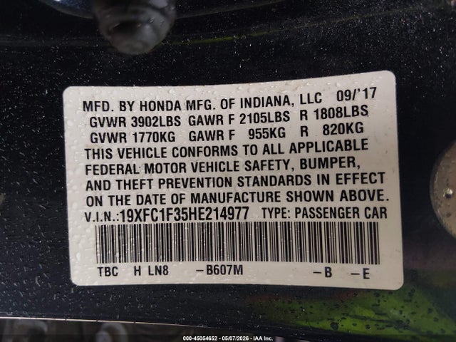 Aukcja sprzedaży 2017 Honda Civic Ex-t, vin: 19XFC1F35HE214977, numer aukcji: 45054652