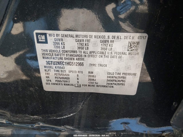Aukcja sprzedaży 2017 Gmc Sierra 1500 Slt, vin: 3GTU2NEC1HG512966, numer aukcji: 45054655