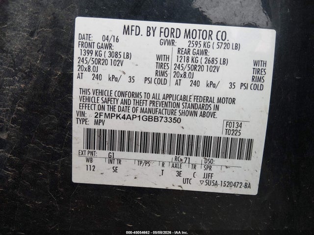 Ford EDGE SPORT 2016 2FMPK4AP1GBB73350 Image 9