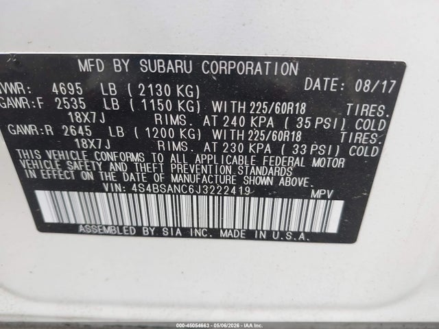 2018 Subaru Outback 2.5i Limited მანქანა იყიდება აუქციონზე, vin: 4S4BSANC6J3222419, აუქციონის ნომერი: 45054663