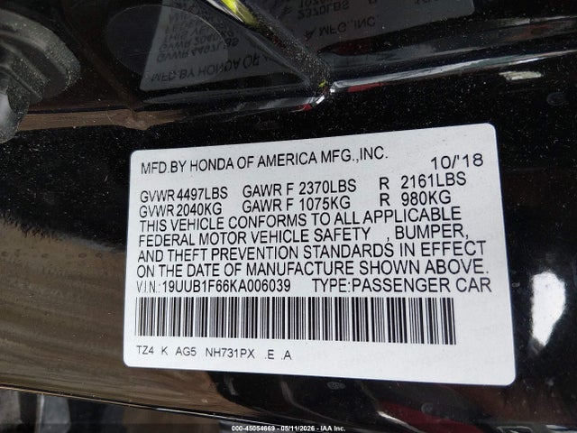 45054669 :رقم المزاد ، 19UUB1F66KA006039 vin ، 2019 Acura Tlx مزاد بيع