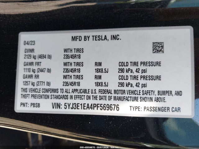 Продажа на аукционе авто 2023 Tesla Model 3 Rear-wheel Drive, vin: 5YJ3E1EA4PF569676, номер лота: 45054670